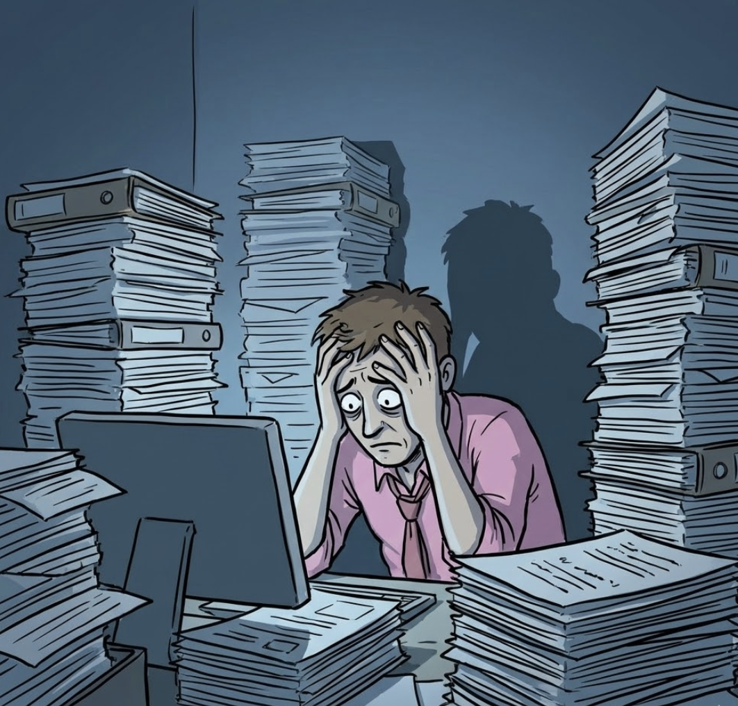 An office worker overwhelmed by towering stacks of paper invoices