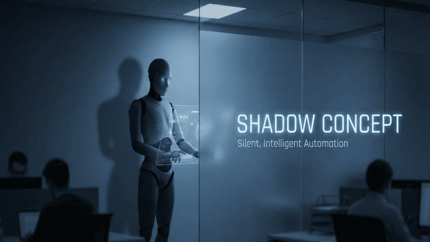 A humanoid figure observing silently behind glass in a darkened office — shadow mode