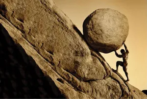 A figure pushing a boulder up a steep hill — the endless hire-and-replace cycle